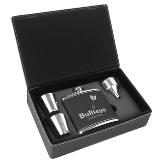 6 oz. Black/Silver Laserable Leatherette Flask Gift Set