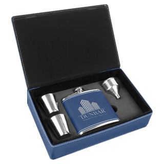 6 oz. Blue/Silver Laserable Leatherette Flask Gift Set