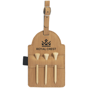 5" x 3 1/4" Bamboo Laserable Leatherette Golf Bag Tag with 3 Wooden Tees