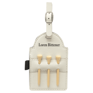 5" x 3 1/4" White Laserable Leatherette Golf Bag Tag with 3 Wooden Tees