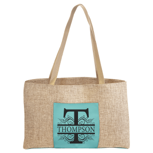19" x 12" Burlap Bag with 5" Teal Laserable Leatherette Gusset