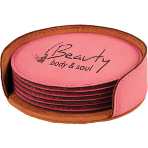 4" Pink Round Laserable Leatherette 6-Coaster Set